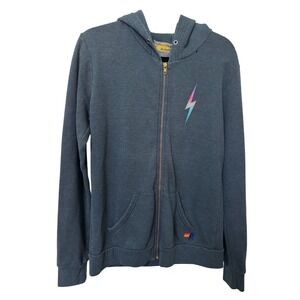 Aviator Nation Charcoal Grey Rainbow Lightning Bolt Zip Up Hoodie Large USA